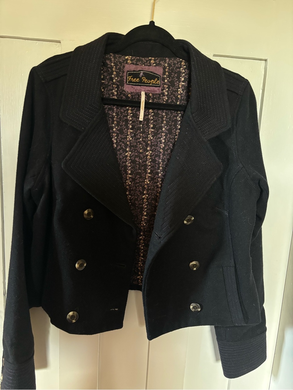 Free People Black Double-Breasted Cropped Peacoat - Picture 2 of 7